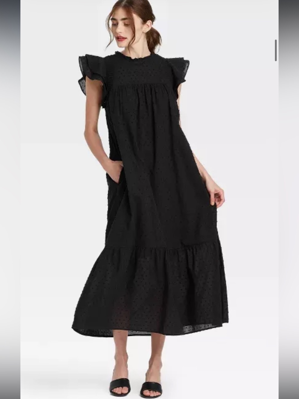 Who What Wear Black Swiss Dot Cotton Ruffle Sleeve Midi/Maxi Dress Size XXL